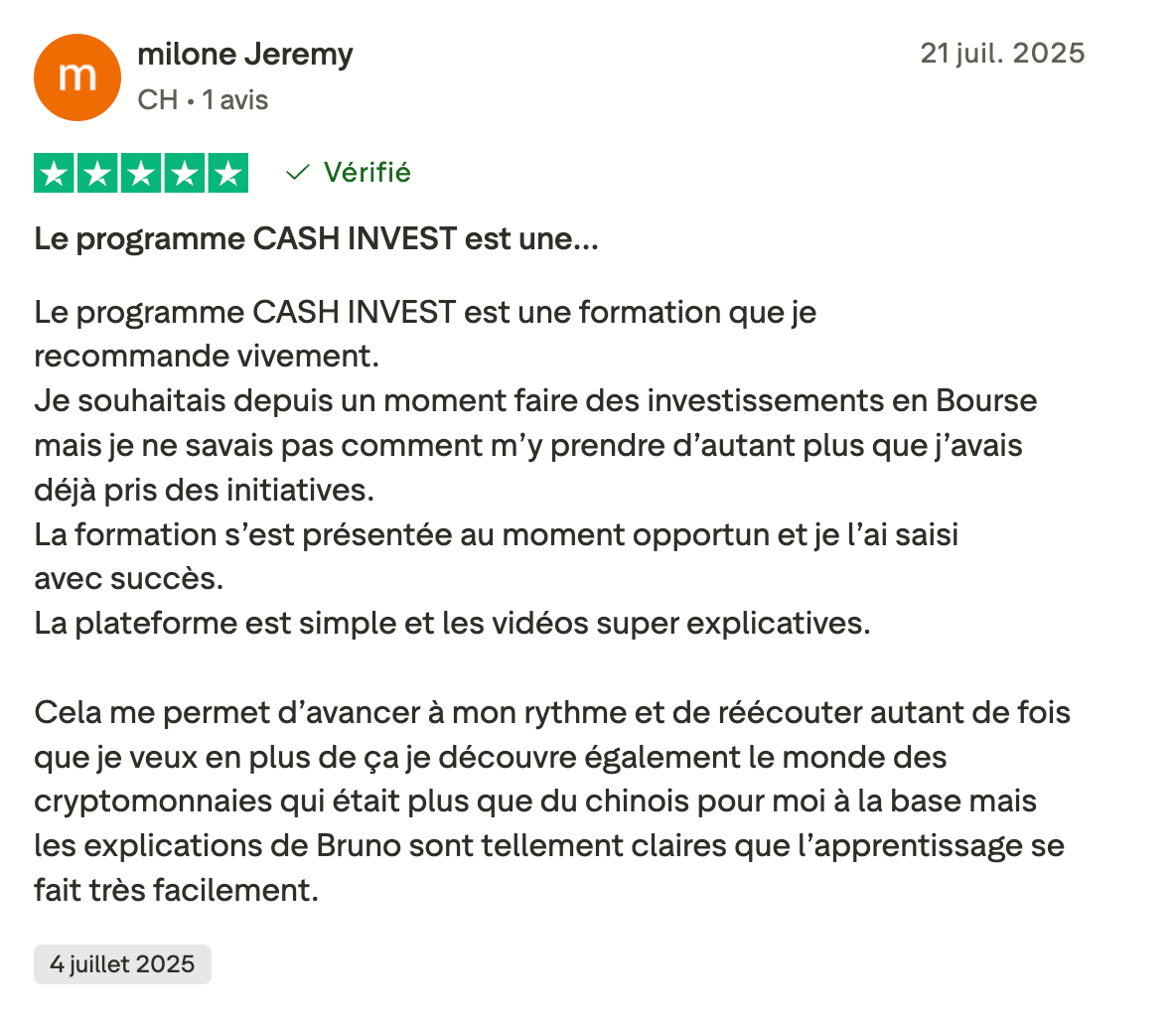 Avis vérifié de Milone Jeremy sur BCB INVEST