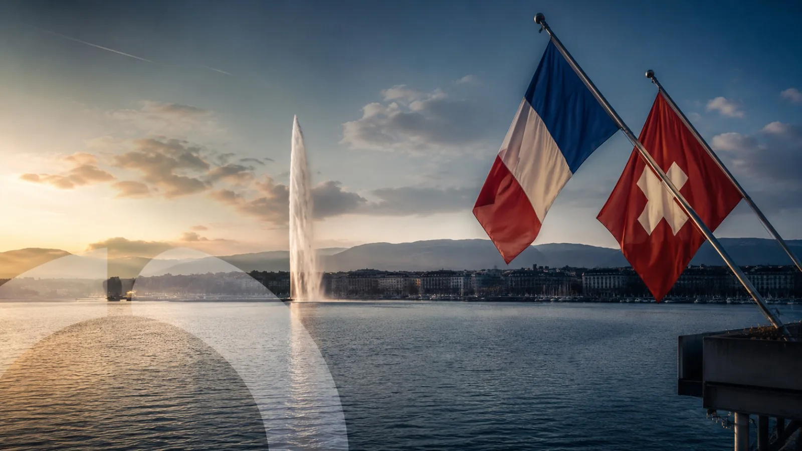 Jet d’eau de Genève avec les drapeaux français et suisse